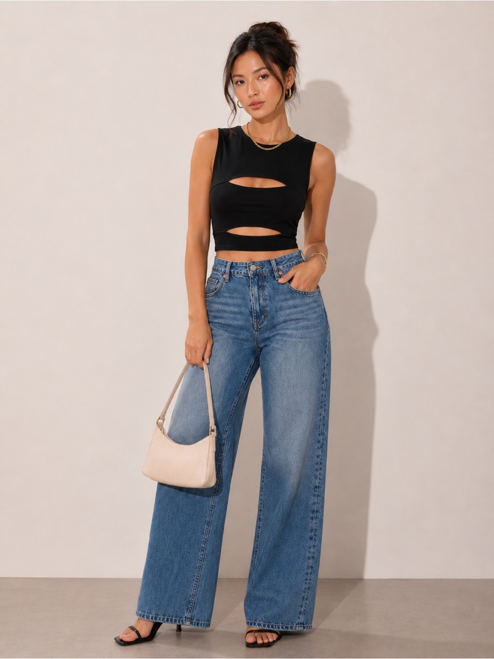 Black Sleeveless Crop Tank Top with Back Cutouts - Women